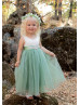 Ivory Lace Sage Green Tulle Vintage Flower Girl Dress With Beaded Sash